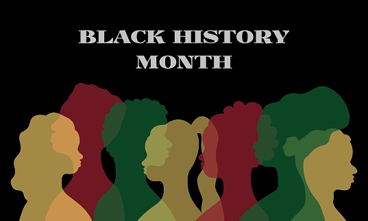 Black history month. February celebration. Freedom month banner. Silhouettes of african american persons in profile. African men and women. June 19 holiday. Vector poster illustration.