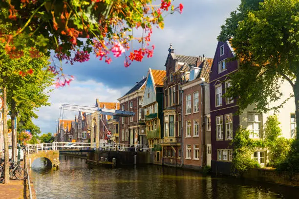 The old citycentre of Alkmaar streets, canal and draw bridge, Netherlands