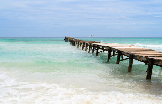 Playa de Muro with idyllic long wooden jetty in caribbean colored waters with seagulls