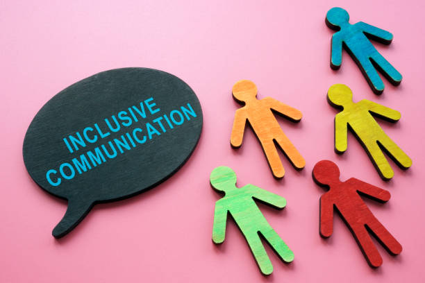 istock Inclusive communication inscription and small colorful figurines. 1455314795