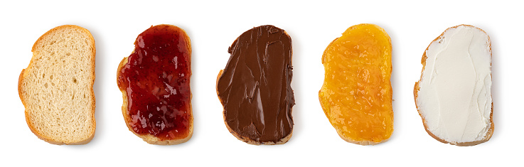 Toast with Chocolate, and jam. Isolated on a white background