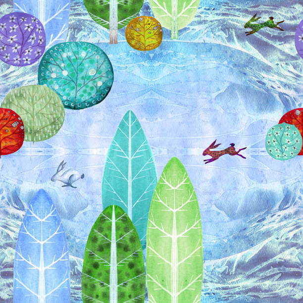 istock Seamless pattern. Watercolor landscape. Trees, bushes and clouds - watercolor image. Use printed materials, signs, objects, websites, maps, posters, flyers, packaging. 1455315190