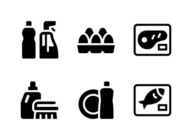 Simple Set of Supermarket Vector Solid Icons Simple Set of Supermarket Related Vector Solid Icons. Contains Icons as Cleaning Products, Eggs, Meat and more. black meat tray stock illustrations