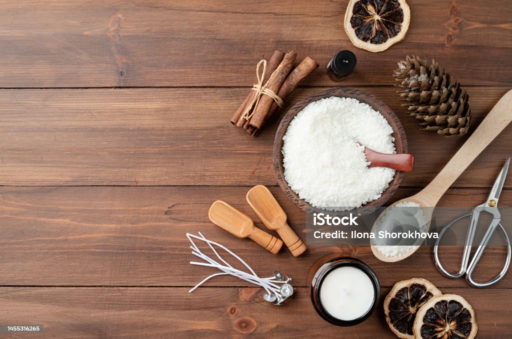 Ingredients For Candle Making Soy Wax Flakes Candles Cinnamon Wicks And  Wooden Spoons On Wooden Background Stock Photo - Download Image Now - iStock