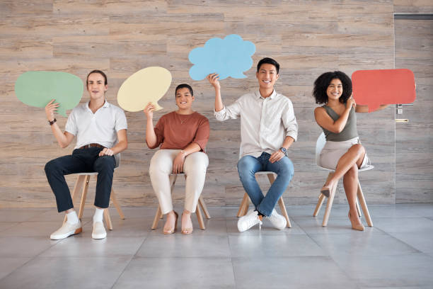 istock Feedback, speech bubble and idea with communication and business people with mockup for survey, question and social media. Growth, voice and vote with employee for networking, hiring and recruitment 1455316296