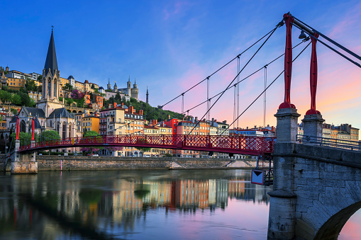 Famous red footbridge in the morning, Lyon, France