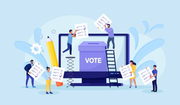 ilustrações, clipart, desenhos animados e ícones de votando conceito on-line. pessoas colocando papel de voto na urna na tela do computador. votação online, eleição política ou pesquisa, sistema de internet eleitoral - electoral