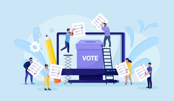 концепция онлайн-голосования. люди, кладущие бюллетени для голосования в урну для голосования на экране компьютера. онлайн-опрос, политиче� - electoral stock illustrations