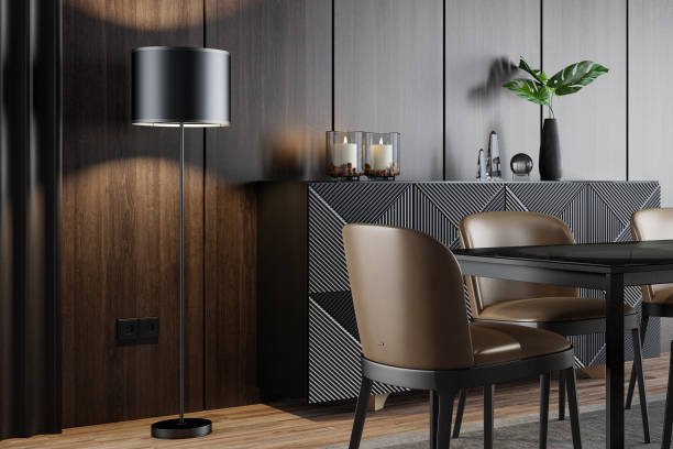 istock Luxury dark dining room interior with table and six chairs 1455318889