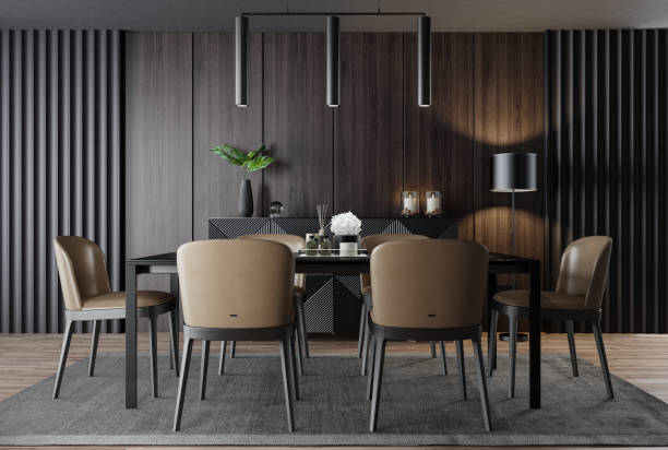 istock Luxury dark dining room interior with table and six chairs 1455319507