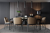 Luxury dark dining room interior with table and six chairs