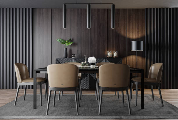 Luxury dark dining room interior with table and six chairs stock photo