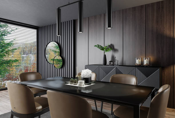 istock Luxury dark dining room interior with table and six chairs 1455319547