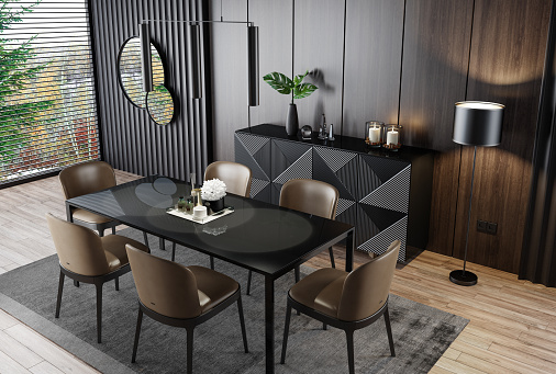 Luxury dining room interior with modern leather chairs and shine table. Wall wood paneling. Background is winter. Luxury interior concept. 3d rendering.