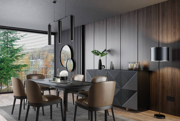 istock Luxury dark dining room interior with table and six chairs 1455319673