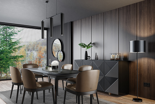 Luxury dining room interior with modern leather chairs and shine table. Wall wood paneling. Background is winter. Luxury interior concept. 3d rendering.