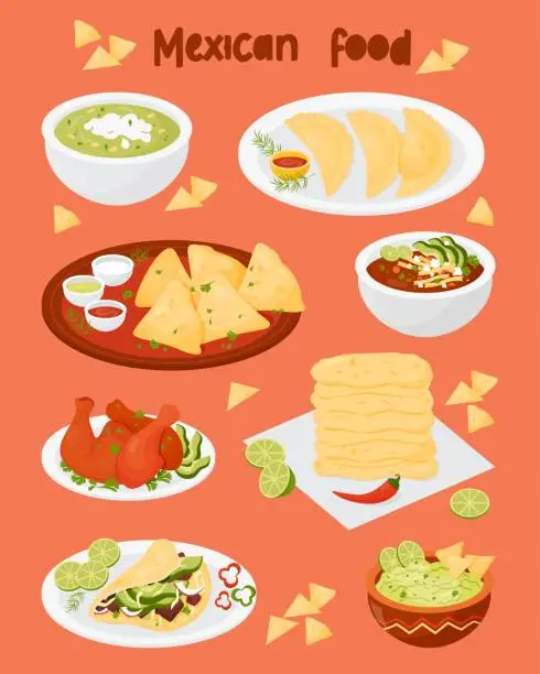 Vector illustration of Set Mexican food Quesadilla, Taco, Empanadas, corn tortillas, Achiote Chicken, green Avocado Soup and tomato soup and guacamole with nachos. Isolated vector illustrations latin american cuisine.