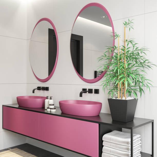 istock Magenta Pink purple Modern minimalist Scandinavian bathroom 1455322064