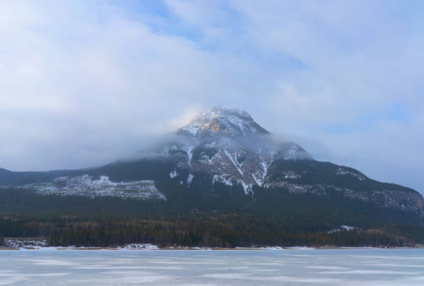 Photo of Scenic view of glacier lake with snow-peaked mountain background in Alberta, Canada