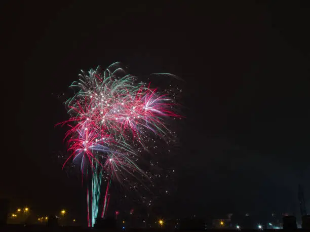 Beautiful and impressive New Year's fireworks over a housing estate in Lodz.