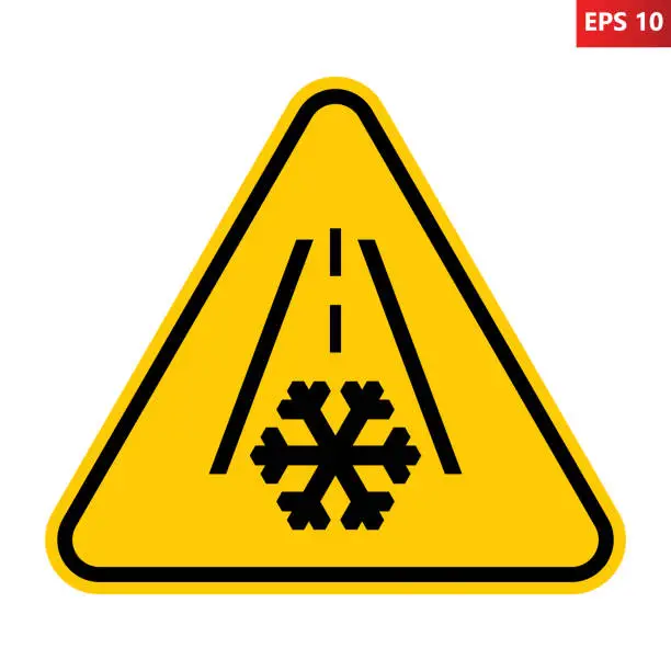 Vector illustration of Ice on road warning sign. Snow and ice. Slippery road symbol.