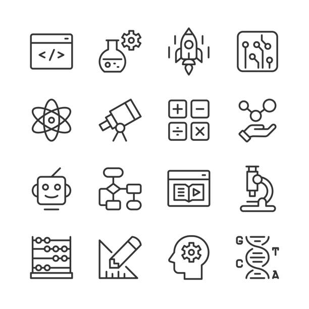 STEM Icons — Monoline Series Vector line icon set appropriate for web and print applications. Designed in 48 x 48 pixel square with 2px editable stroke. Pixel perfect. computer part computer symbol computer icon stock illustrations