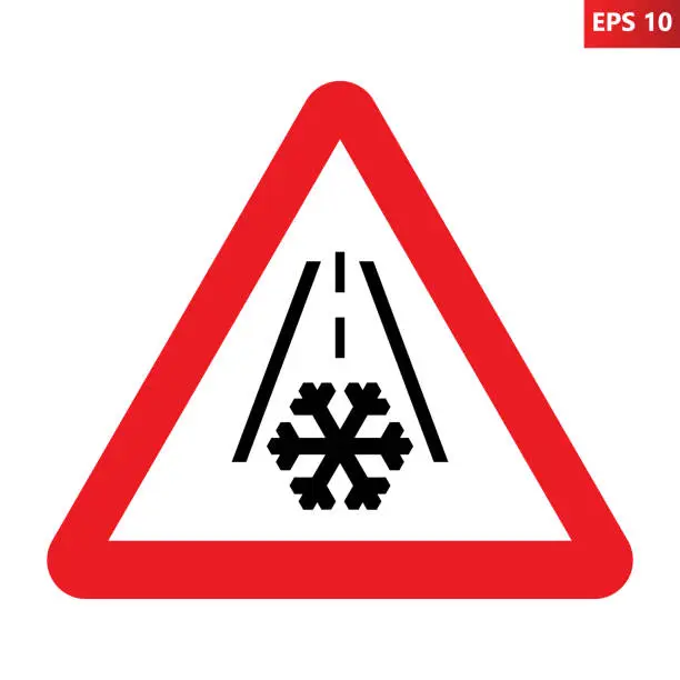 Vector illustration of Ice on road warning sign. Vector illustration of red triangle sign with snowflake and street icon inside.