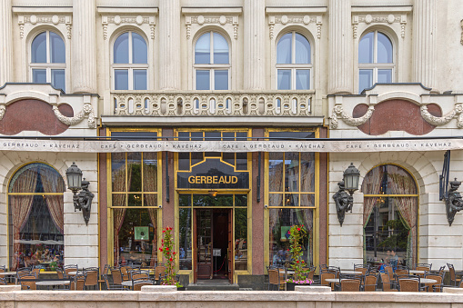 Budapest, Hungary - July 31, 2022: Historic Cafe Gerbeaud at Vorosmarty Square in Capital City Centre.