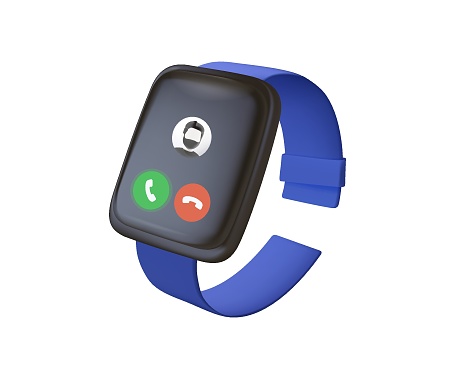 3D Fitness Trackers, Smart Watches icon with Call or Sms Notification on Display. Modern Devices, Smartwatch Electronic Gadgets For Health Monitoring Isolated on White. 3D render Vector Illustration