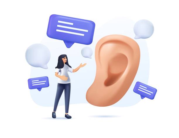 istock Active listening 3D illustration. Attentive character, correct manners, etiquette and courtesy. Young girl next big ear. 1455324627