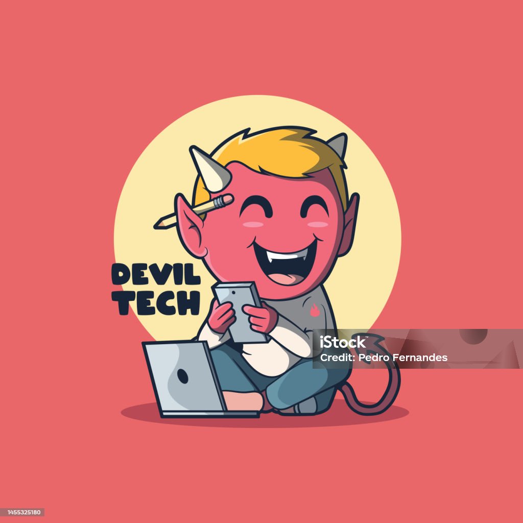 Devil Phone Little Devil Character Playing Phone Vector Illustration Stock ...