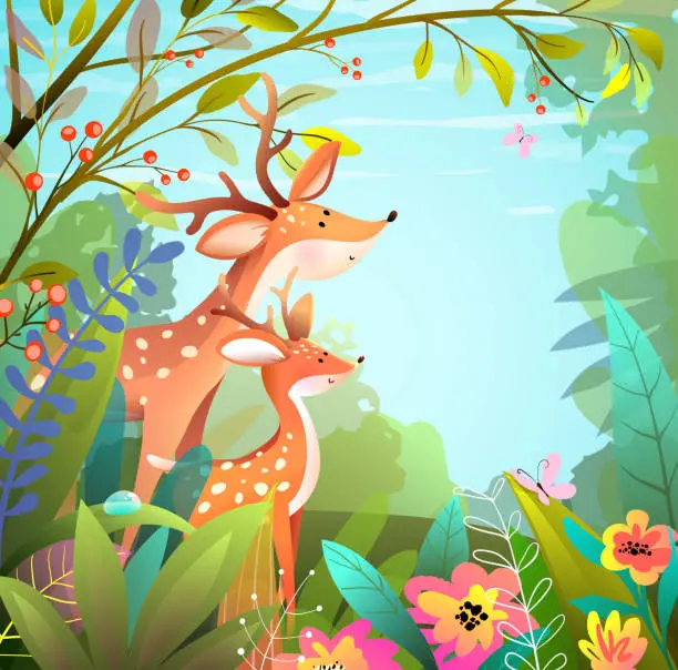 Vector illustration of Deer Mother and Baby, Cute Animals in the Forest