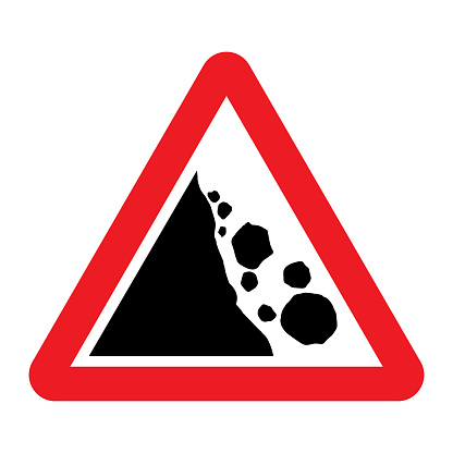 Falling rocks or debris warning road sign. Vector illustration of landslide caution traffic sign. Attention red triangle mark isolated on white background.
