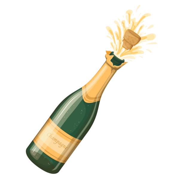 Bottle of Champagne With Flying Cork Bottle of champagne with flying cork vector illustration. Cartoon isolated elegant bottle with gold label for Happy Birthday, Christmas and New Year greetings, splashes explosion of sparkling wine champagne stock illustrations