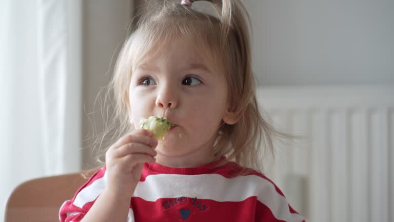 Toddler girl eating broccoli for meal, while siting in high chair