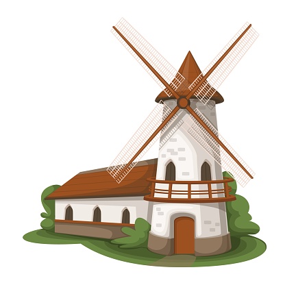 Old farm windmill vector illustration. Cartoon barn and stone tower with wooden fan to mill grain wheat into flour for village bakery, traditional building with wind propeller, countryside windmill