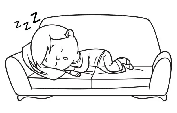 Vector illustration of Black And White Little boy napping on sofa