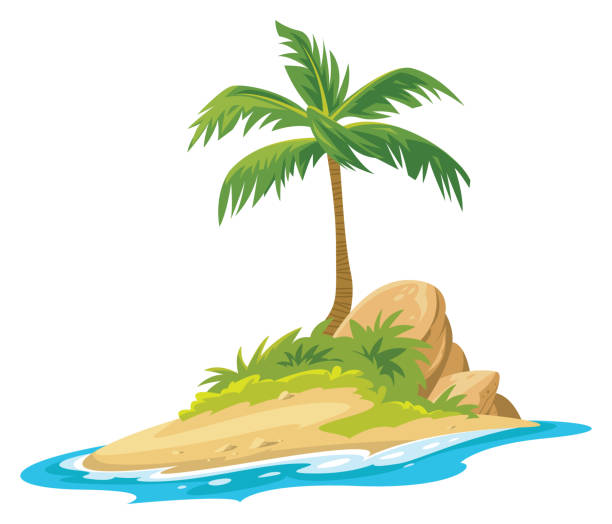 바다 파도가 있는 섬에 있는 열대 야자수 - beach cartoon island sea stock illustrations