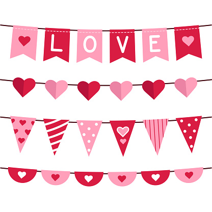 Vector set of flags garland for Valentine's day. Isolated cartoon pennant variations on white