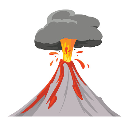 Vector Smoking volcano with lava flowing down