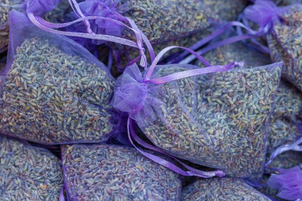 Some sachets with dried lavender flowers as room scent at a sales stand