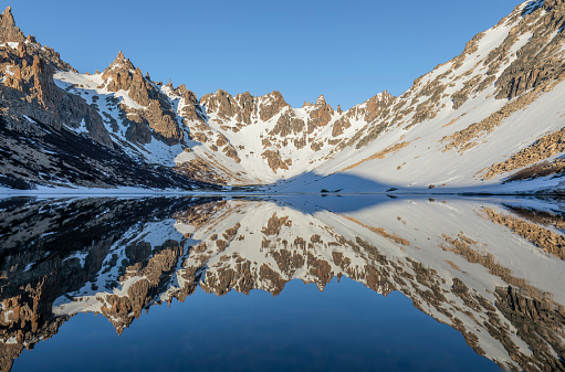 Bariloche Patagonia Argentina
The shores of Toncek lagoon, with turquoise cold waters, at the foot of Frey peak in Mount Catedral.