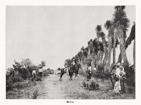 Mexican rural people. Nostalgic scene from the past. Halftone print after a photograph, published in 1899.