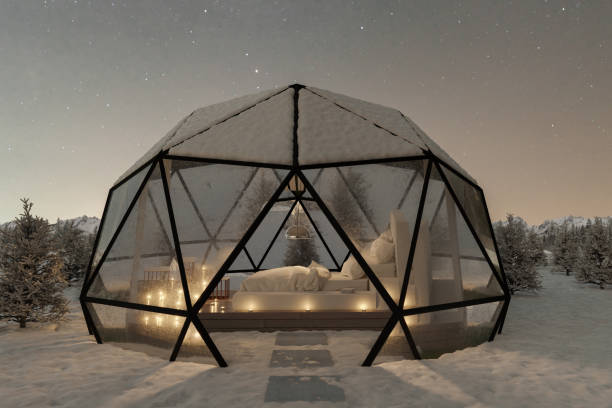 istock 3d rendering of geodesic dome hut with glass panels in a winter night 1455333627