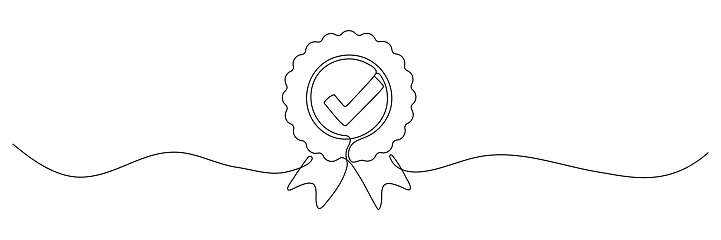 Award badge continuous line art drawn. Approval check sign. Certificate contour line. Vector illustration isolated on white.
