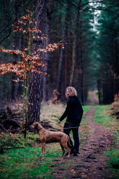 istock Man on a winter hike with a dog 1455336168