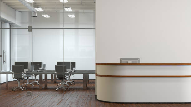 istock Blank white office wall mock up with office reception desk. 1455339151