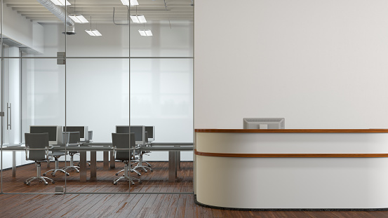 Blank white office wall mock up with office reception desk. 3d illustration