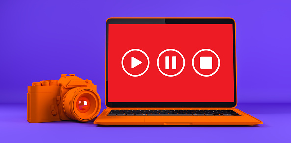 Video Marketing Concept. Laptop With a Playing Icon on the Laptop Screen