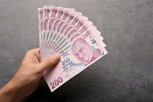Hand holding Turkish lira banknotes with copy space